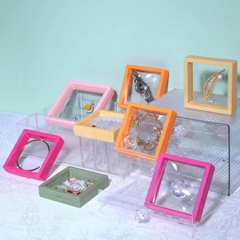 4pcs Multicolor Jewelry Display Box 3D Floating Picture Frame Shadow Box Ring Pendant Holder Protect Jewelry Stone