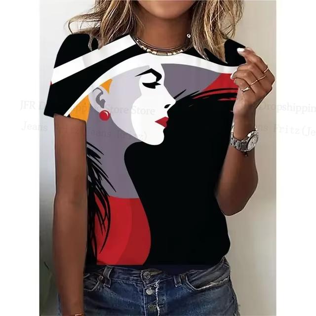 Summer Round Neck 3D Lady Face Graphic Print Top Fashionable Casual Short Sleeved Women's T-shirts