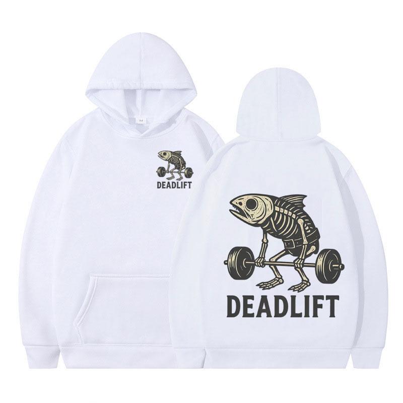 Fish Skeleton Deadlift Fish Bone Gym Workout Vintage Graphic Hoodie Men Women Winter Long-sleeved Fashionable Casual Sportswear