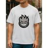 European Size Men's Gray Flame Evil Face T-Shirt - Edgy Dark Personality Print, Cotton Casual Short Sleeve Round Neck Tee with Flame & Mark