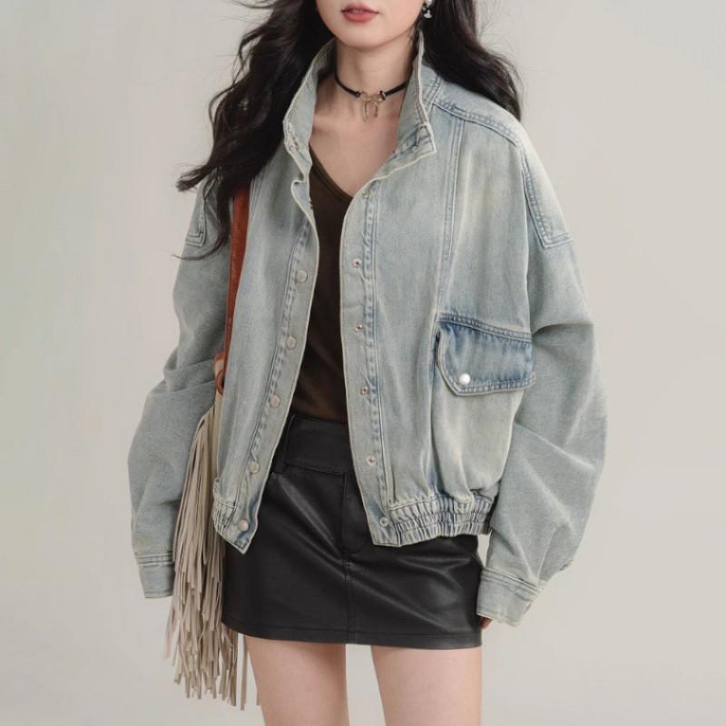 Womens Washed Denim Shirt Jacket Loose