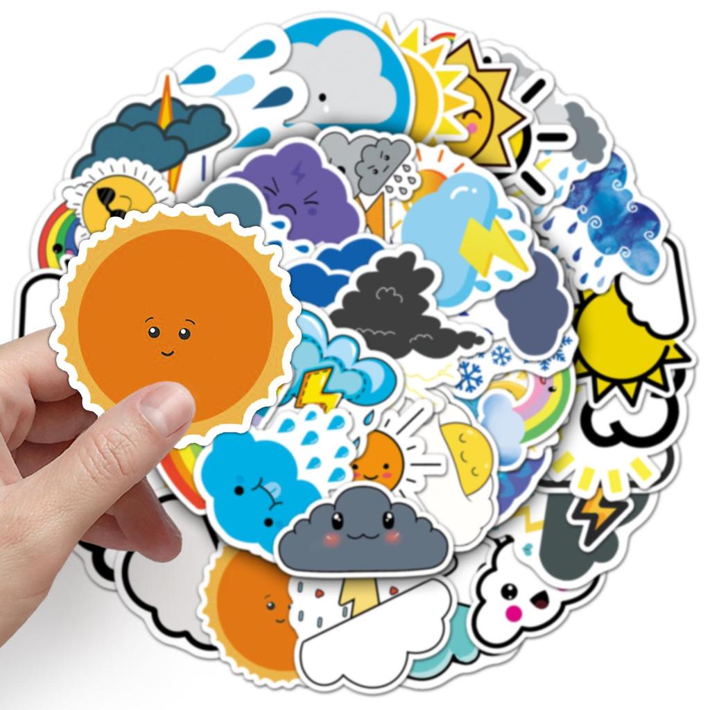 50 Weather Doodle Cartoon Stickers: Waterproof, DIY Rewards for Kids' Water Bottles & Suitcases