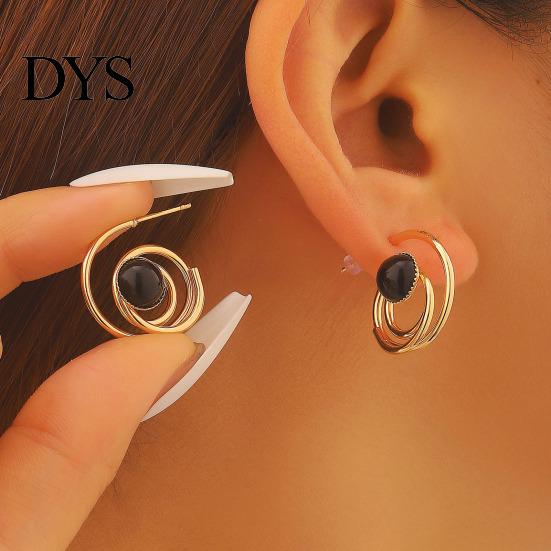 Golden Plated Earrings 1 Pair Women Hollow Spiral Design Multi-Color Lightweight Faux Gemstones Inlaid Electroplated Jewelry Accessories