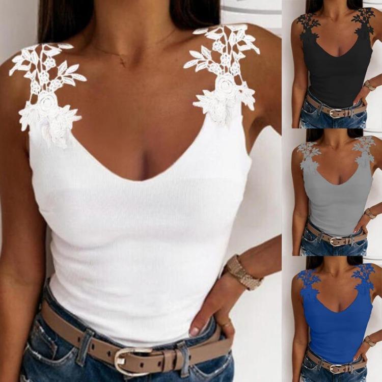 

Summer Women Lace Print Sleeveless Tank Tops Slim Fit Round Neck Solid Color Casual Tops S холодний колір чорний