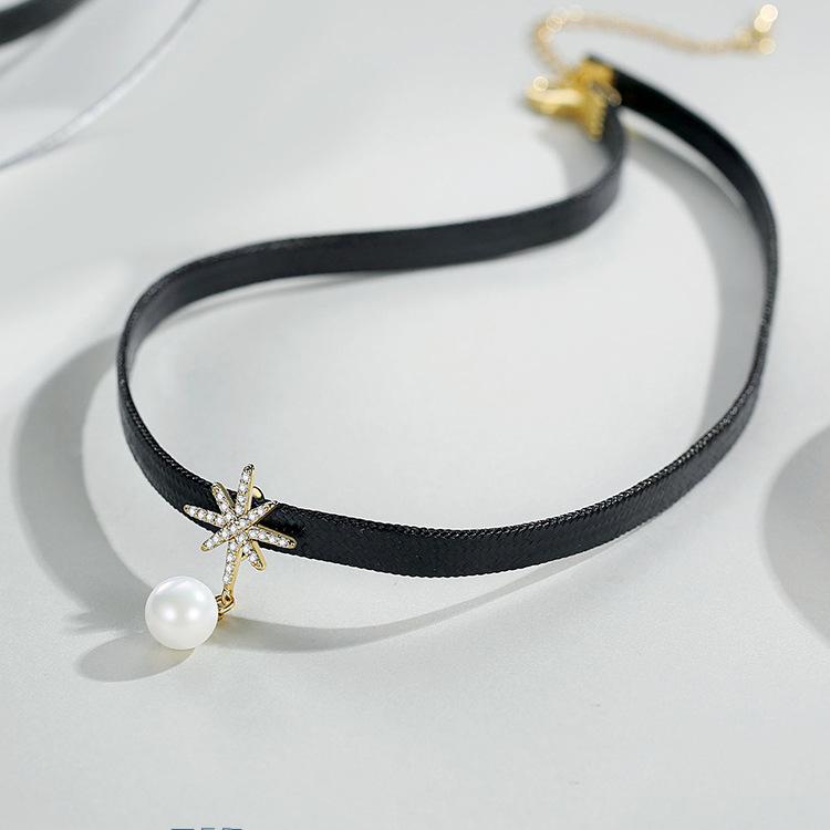 Октаграмма Жемчужный Ошейник Ремешок на Шею Чокер Короткое Ожерелье Черная Цепочка на Ключицы Новый Тренд 2025