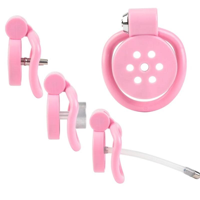 Pink Small Male Chastity Cage Set – Bird Cage Design with 5 Cock Rings & Urethral Sound Plug, Slave Play &  Sex Toys