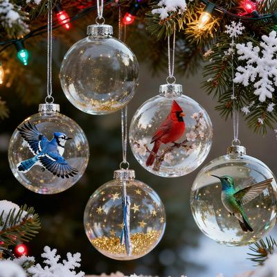 Christmas Ornament Transparent Plastic Ball Birds Gold Glitter Design Festive Holiday Christmas Tree Decoration Accessory
