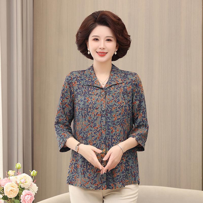 Middle-aged and Elderly Long-sleeved Shirt Women's Style Grandma's Cotton Silk Shirt Plus Size Fat Mother's Spring and Summer Loose Top