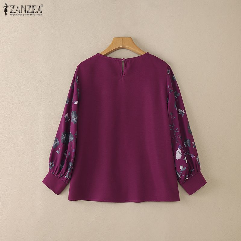 ZANZEA Women Print Splice Long Sleeve Loose Casual Blouse