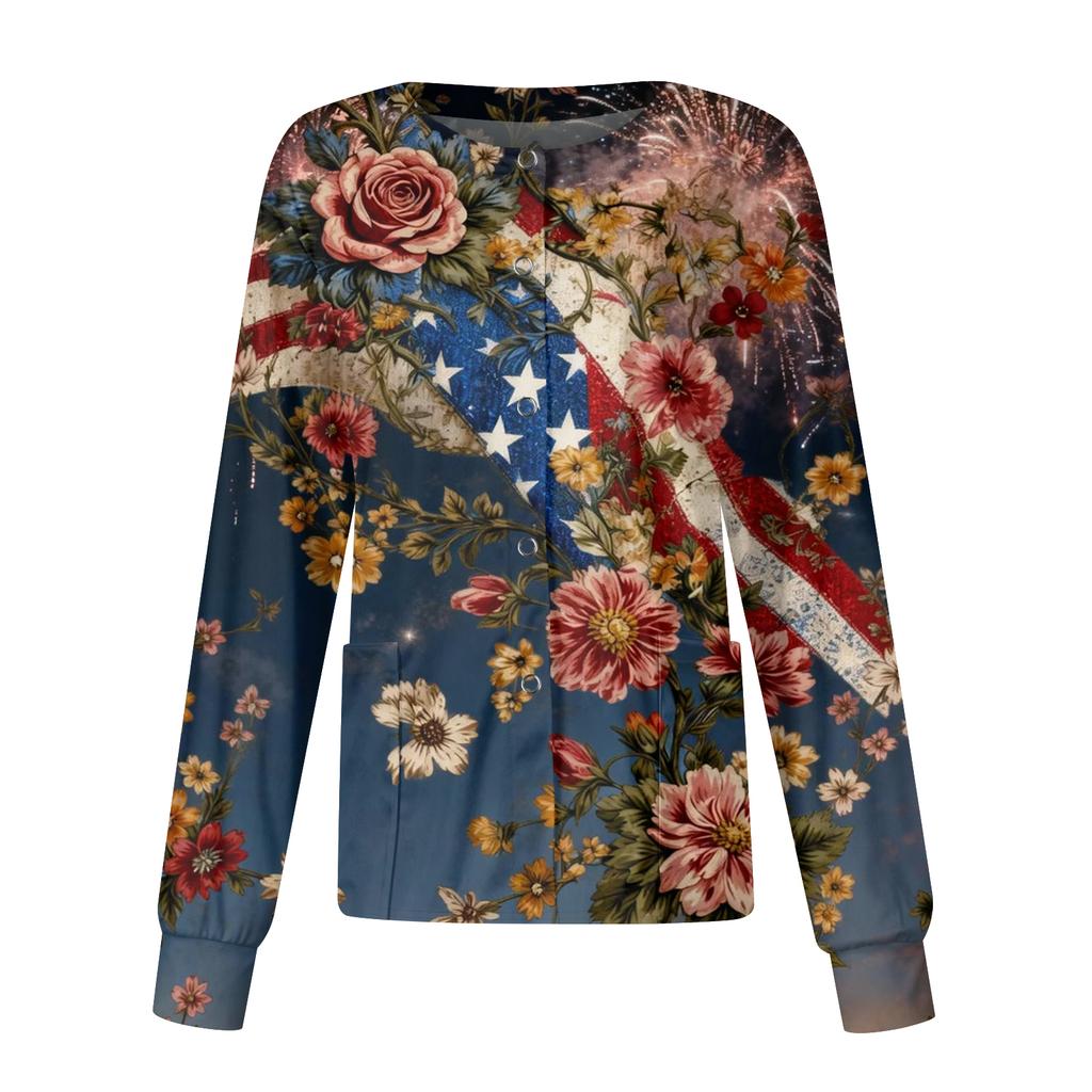Women's Casual Fashion Long-Sleeve Stand-Up Collar Single-Button Independence Day Print Workwear Jacket