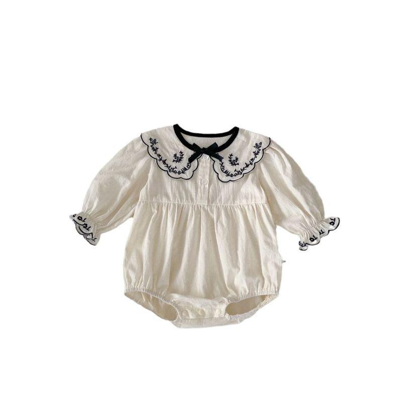 Ins New Stylish Embroidered Lapel Romper for Baby Girls, Autumn Clothing, Thin Long-Sleeve One-Piece Crawling Suit for Infants