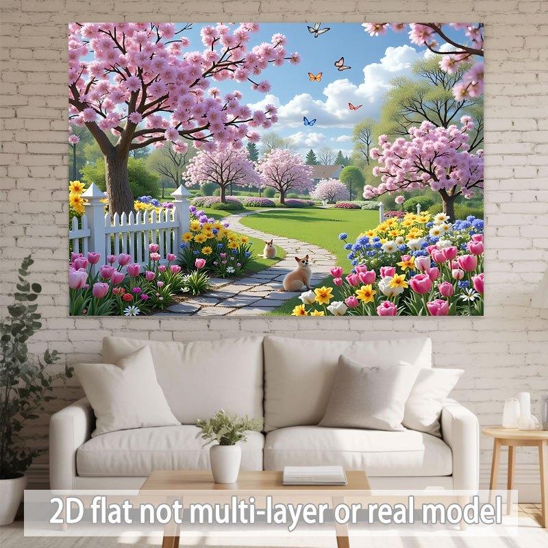 2D 1 piece of spring-themed garden banner featuring blooming flowers cats and path patterns (as the picture,130x180 CM)