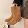 Sheepskin version~ retro western cowboy boots women's 2025 new pointed tassel short boots thick heel medium tube Martin boots