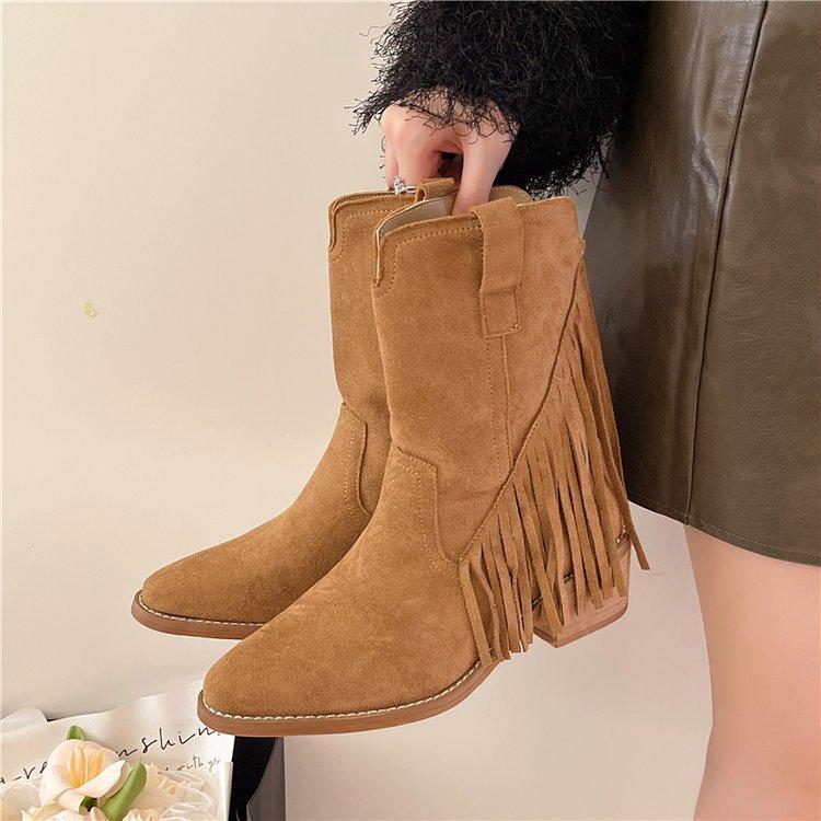 Sheepskin version~ retro western cowboy boots women's 2025 new pointed tassel short boots thick heel medium tube Martin boots