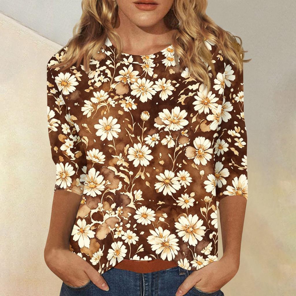 Women's Casual Floral Print Round Neck Three Quarter Sleeve Top Lightweight Comfortable Fit Suitable for Everyday Wear