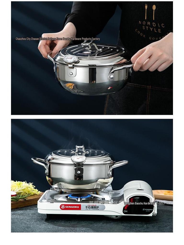 304 Stainless Steel Tempura Fryer with Thermometer for Oil-Saving On Induction and Gas Stoves