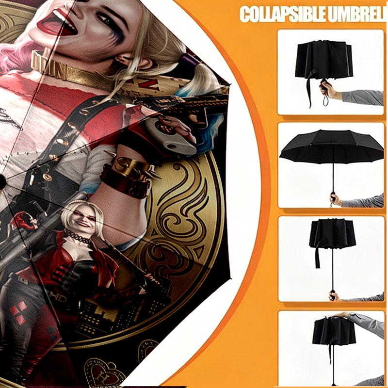 Custom Name Personalized Harley Quinn Print Umbrella, Auto Open Close, 8‑Rib Sturdy Frame, Commute Camping Hiking Use, Birthday Gift