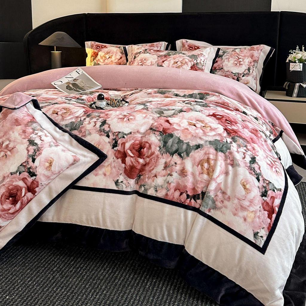 G5Z Französisches Retro Luxus Warmes Koralle Bettwäscheset - 4 Teile (Doppelseitige Bettwäsche & Bettbezug)