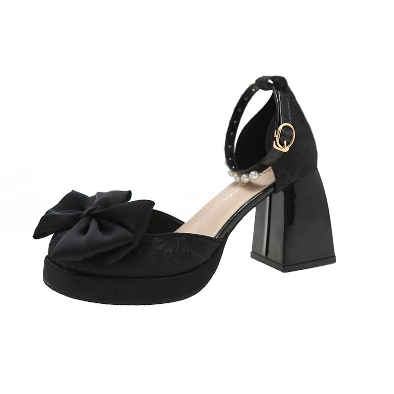 Fashion Chunky Heel Shoes Spring New Round Head Shallow Mouth Butterfly Knot Waterproof Platform Bead Non-slip High Heels