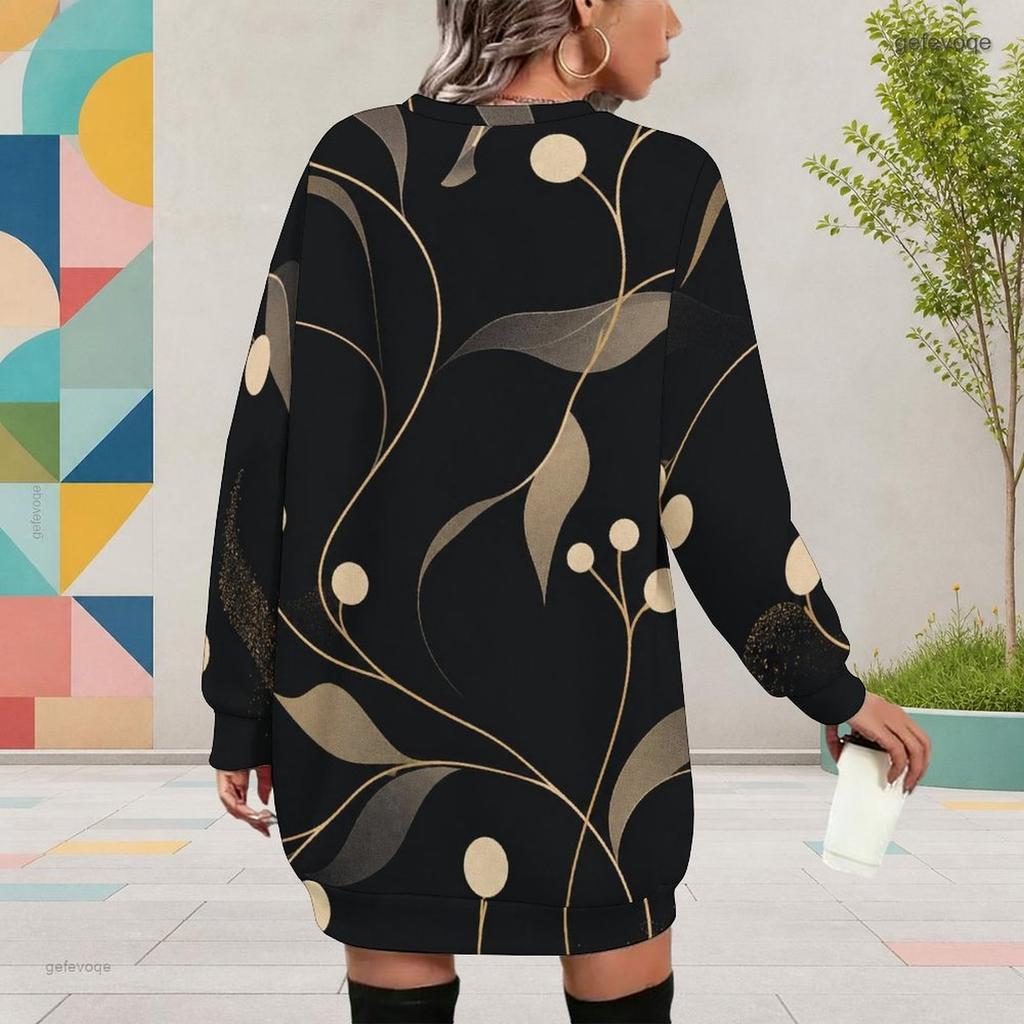 Women Plus Size Round Neck Long Sleeve Printed Black Mini Sweatshirt Dress Ribbed Cuffs