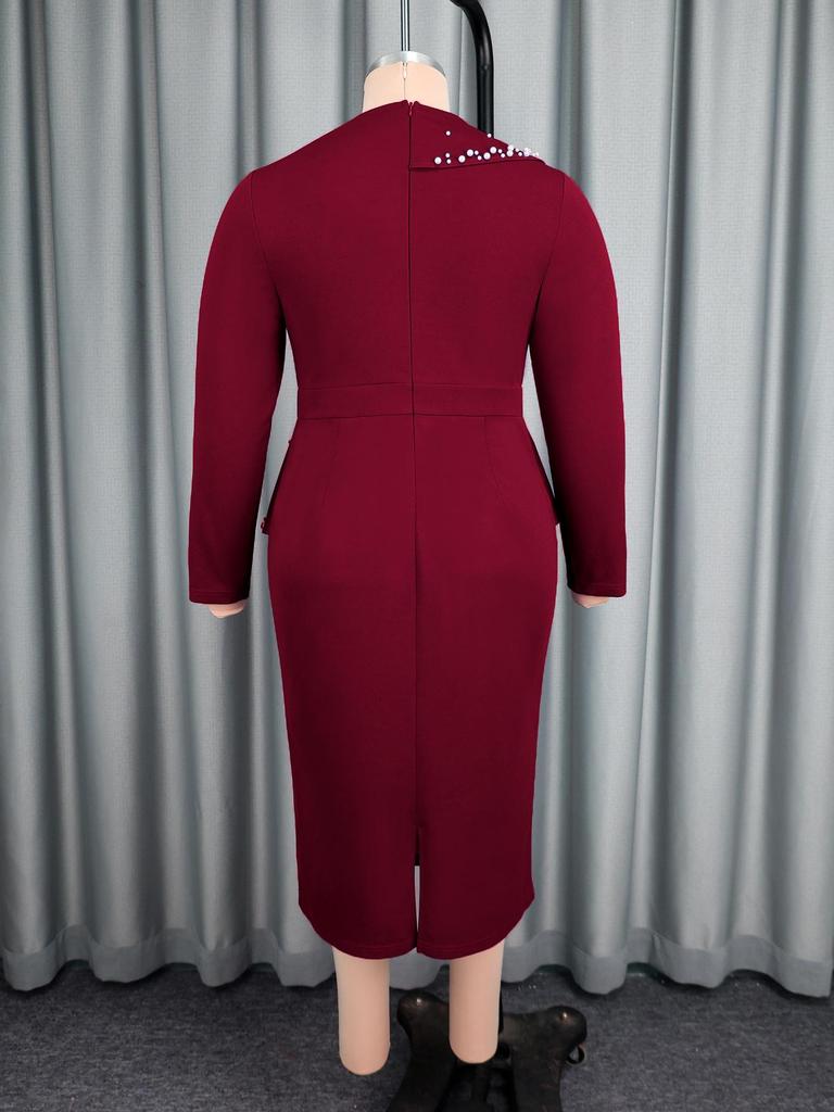 Beaded V-neck Waist-Cinched Long-Sleeve Banquet Midi Dress