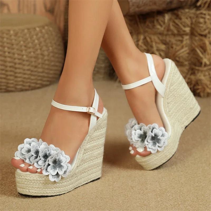 Mode Damen Sandalen Sommer Mode Blumen Offene Zehenpartie Einfarbiges Geflecht Plateau Keilabsätze Hohe Absätze Damen Sandalen Schnallenriemen Damenschuhe