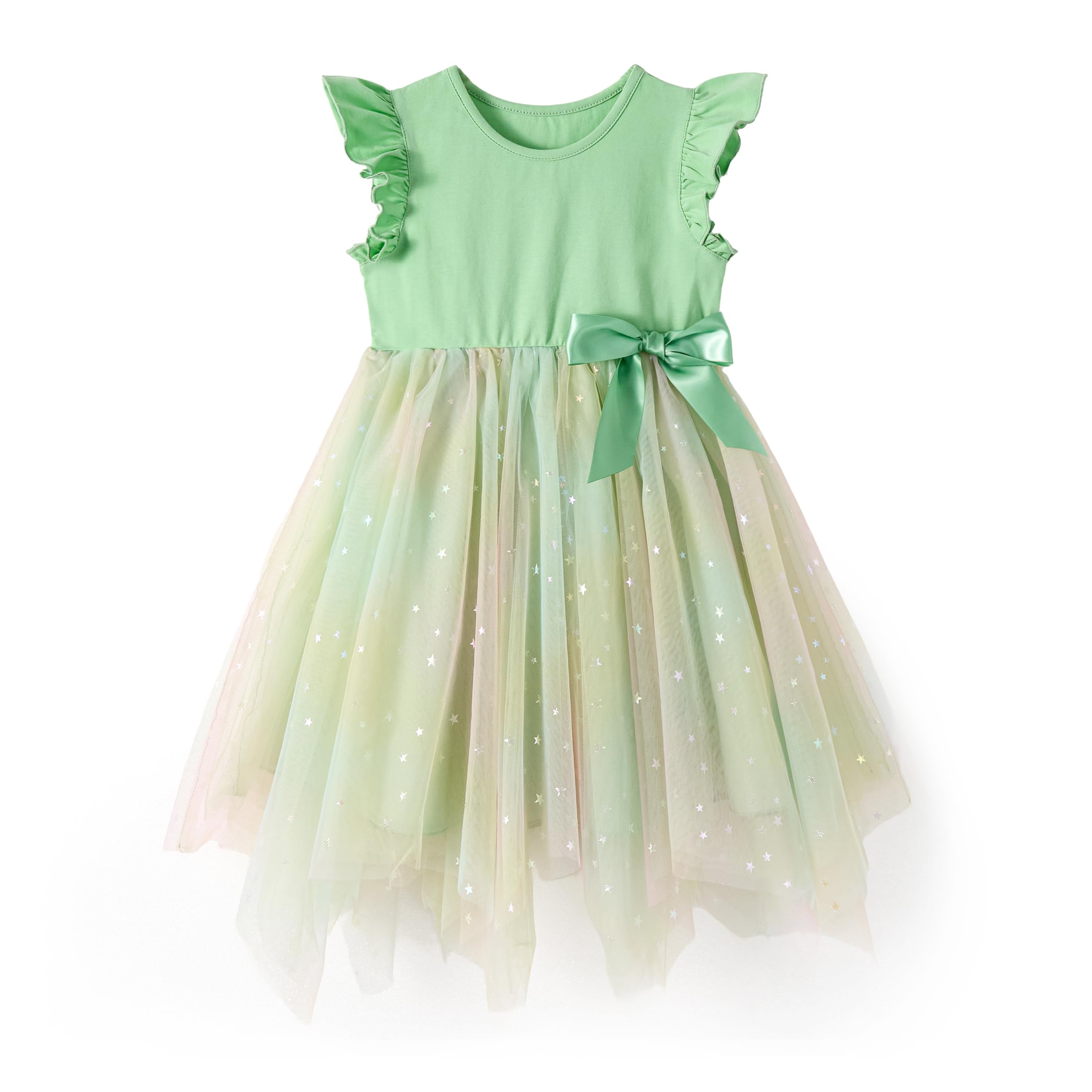 

Miipat Summer Short Sleeve Tulle Rainbow Dress with Waist Ribbon and Ruffled Sparkly Princess Cute and Sizes Size Girls Sleeves, Style, Stylish, зелёный