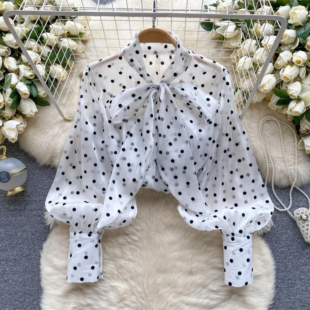 

French Retro Socialite Style High-end Polka Dot Shirt for Women In Autumn with Bubble Sleeves and Bow Design, Temperament Top One Size белый