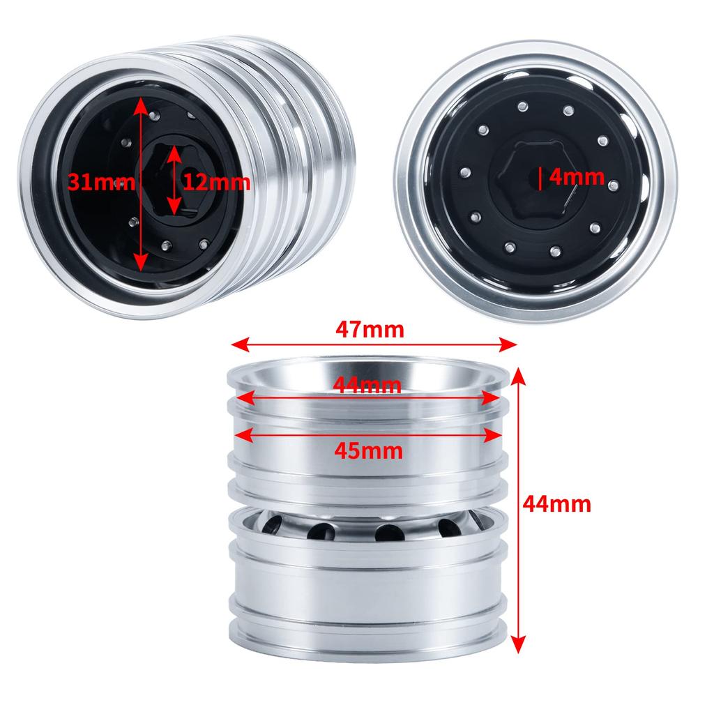 TRZX 1/14 Tamiya Tractor Trailer RC Car Aluminum Rear Wheel Hub Rim Upgrade Parts (4 Pieces)