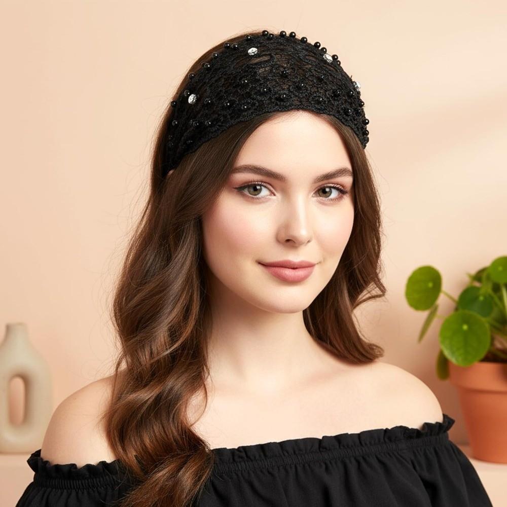 Fashion Accessory Crystal Pearl Floral Beaded Headbands Lace Hollow Pattern Wide Headbands Breathable Stretchy Baotou Hat Women