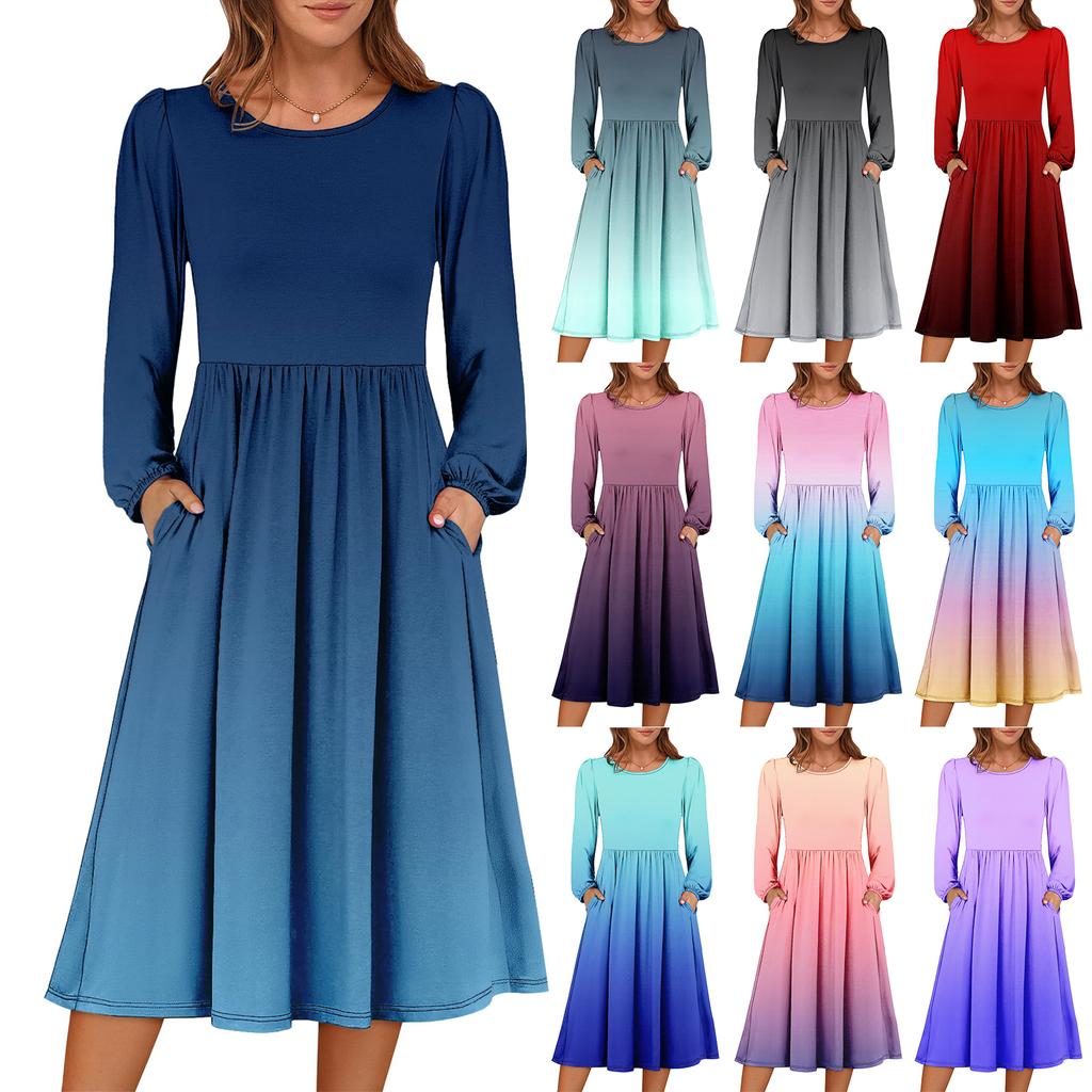 Women's Fashionable Loose Gradient Printed Round-neck Dress