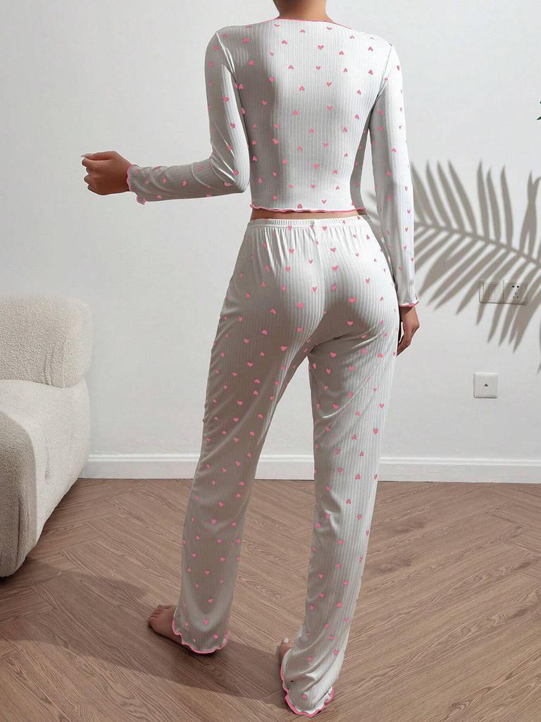 Heart Print Jacquard Long-Sleeve Pajama Set for Women