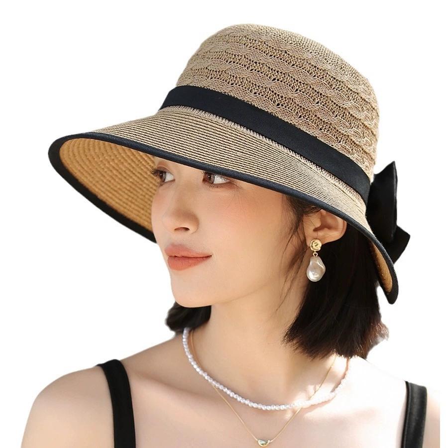 French Straw Bonnet Cap for Women Sun Visors Ribbon Bow Summer Bucket Hat Fedoras for Beach