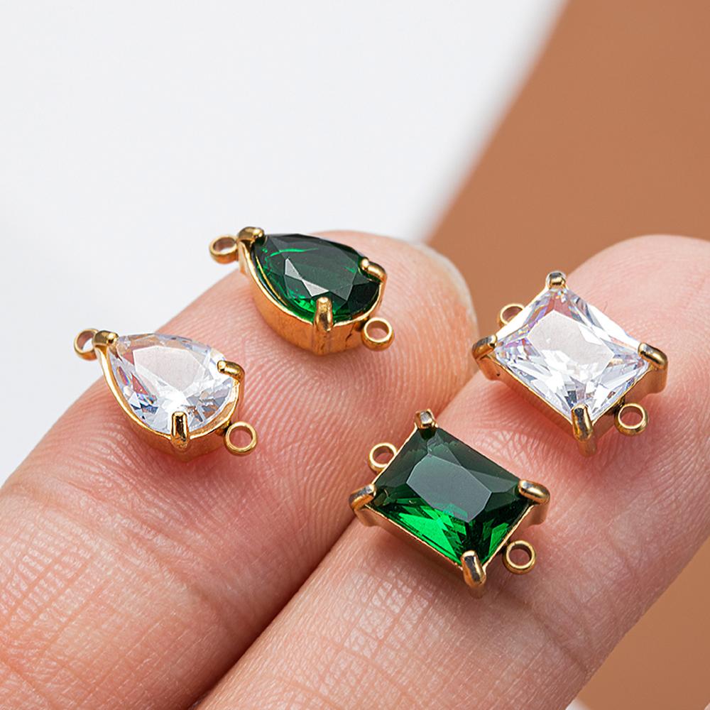 10pcs 5pcs Stainless Steel Zircon Pendants Green Transparent Two Holes Crystal Charms Beads for Necklace Jewelry Making DIY