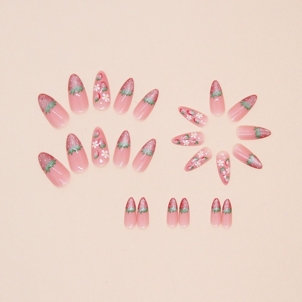 Manicure Long Almond and Short Round False Nails French Strawberry Fake Nials Detachable Bow Tie Cat Nail Tips Women
