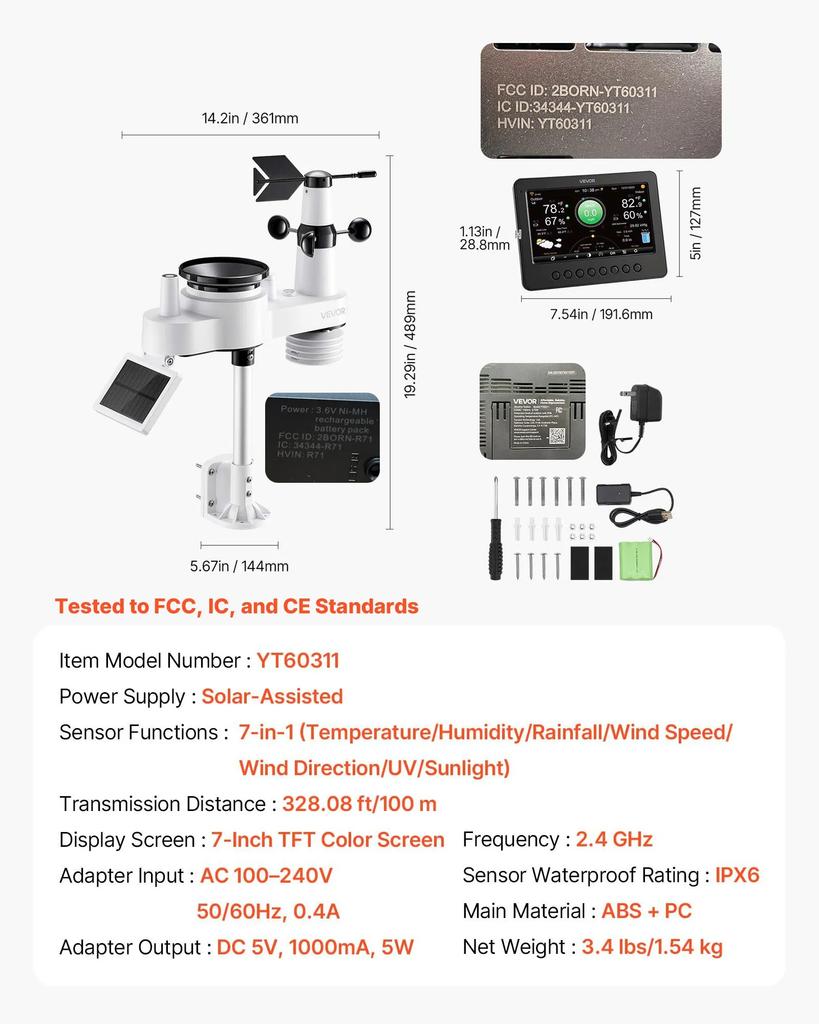 VEVOR 7-in-1 Wi-Fi Weather Station, 177.8 mm TFT Display, Wireless Solar Powered Outdoor Sensor, Rain Gauge, Indoor Outdoor for Weather Forecast
