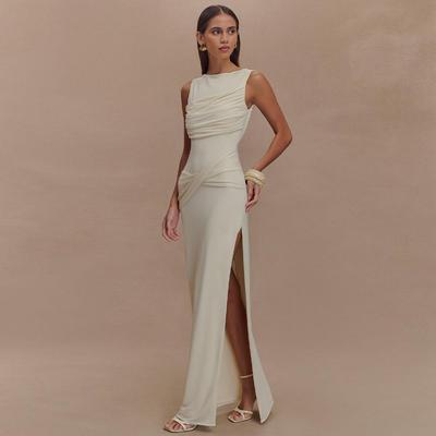 Backless Ruched Sexy Maxi Tank Dress Women Gown Summer New O Neck Thigh High Split Bodycon Elegant Long Dress Fashion