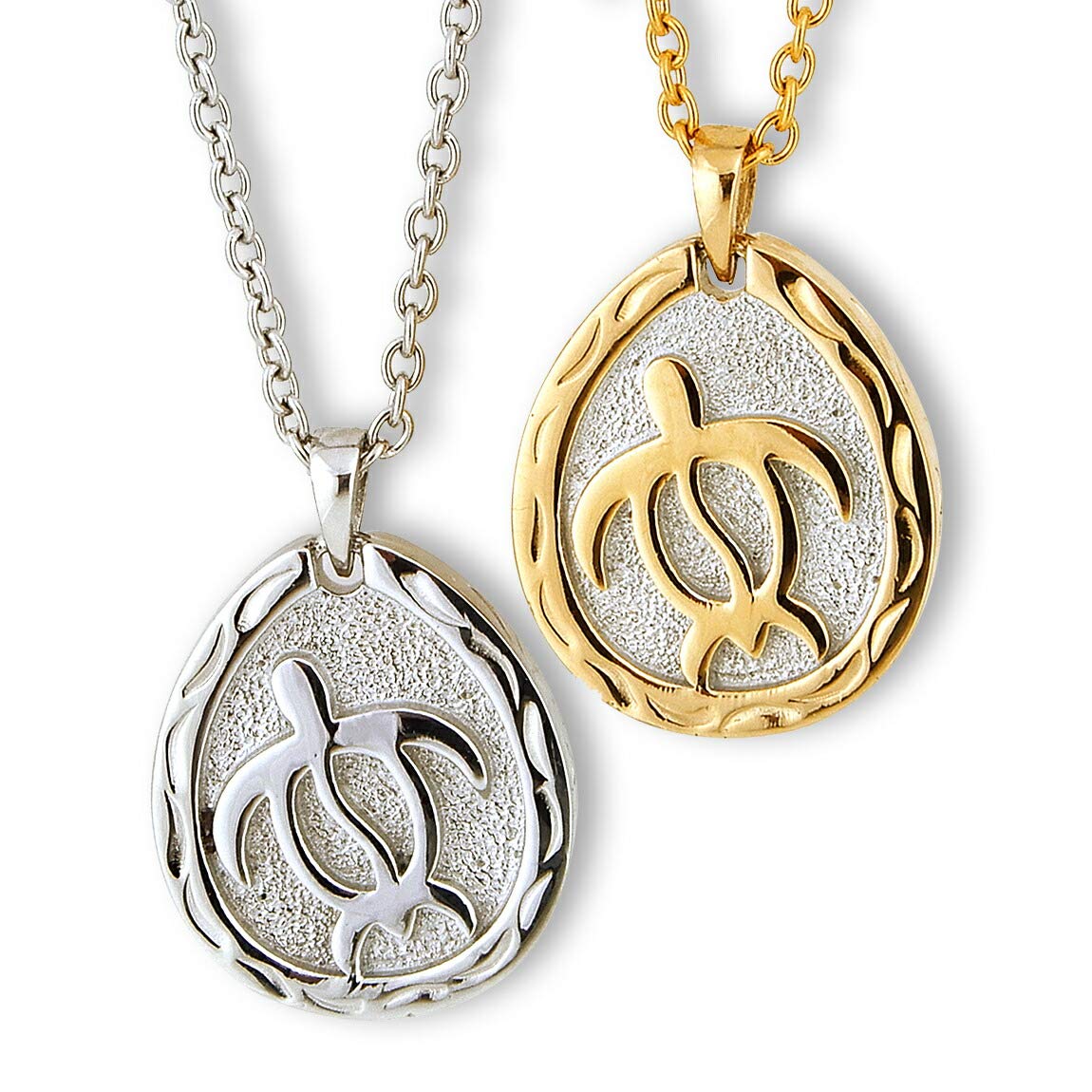 (Алоха Локахи) Гавайское ювелирное изделие, Парное ожерелье, Хирургическая нержавеющая сталь, Хон (черепаха) (Морская черепаха) Дизайн, Серебро и Желтое Золото, Цепь Фигаро (2 мм нержавеющая сталь