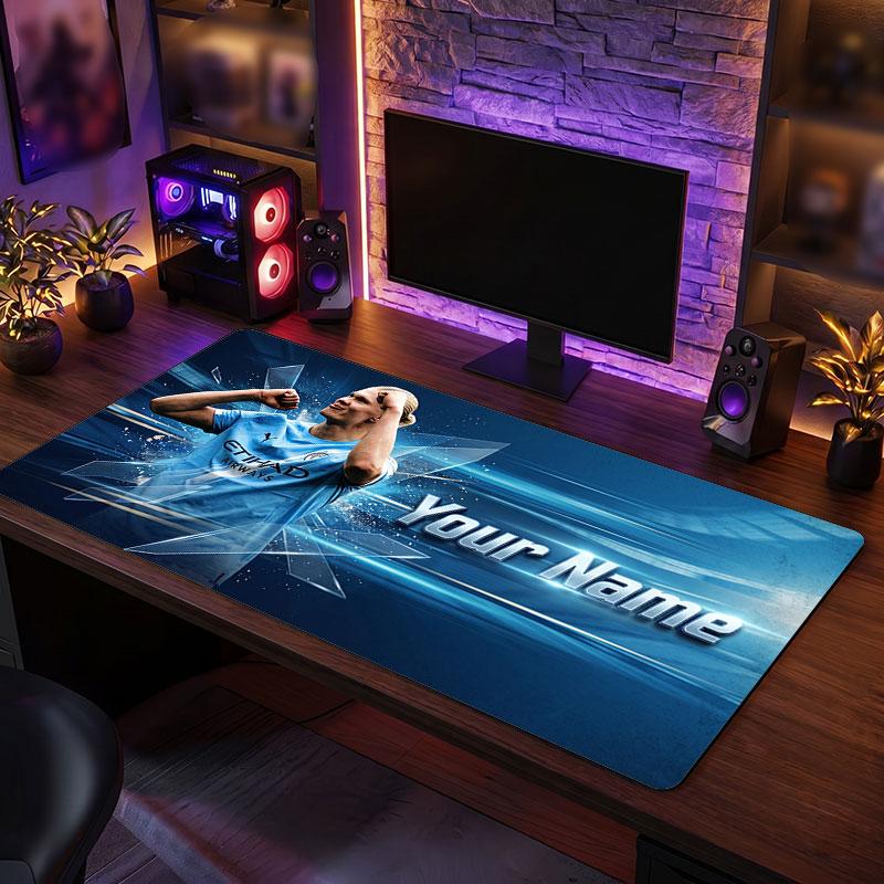Erling Haaland Custom Large Mouse Pad, Personalized Name Text Print, Football Logo Non‑Slip Desk Mat Gaming Gift