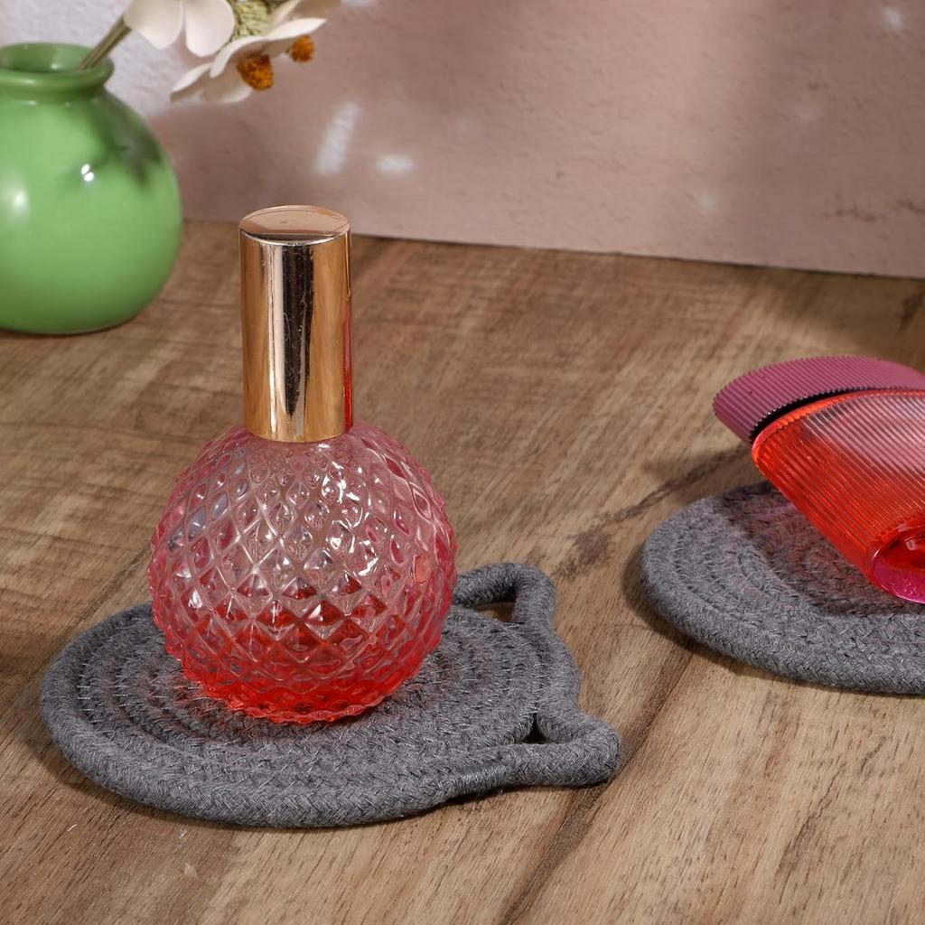 2 PCS Cute Coasters, Absorbent Fabric Mug Pads Cat Ear Shape Large Size Coasters for Drinks Handmade Braided Cotton Coaster for Wooden Table Tabletop
