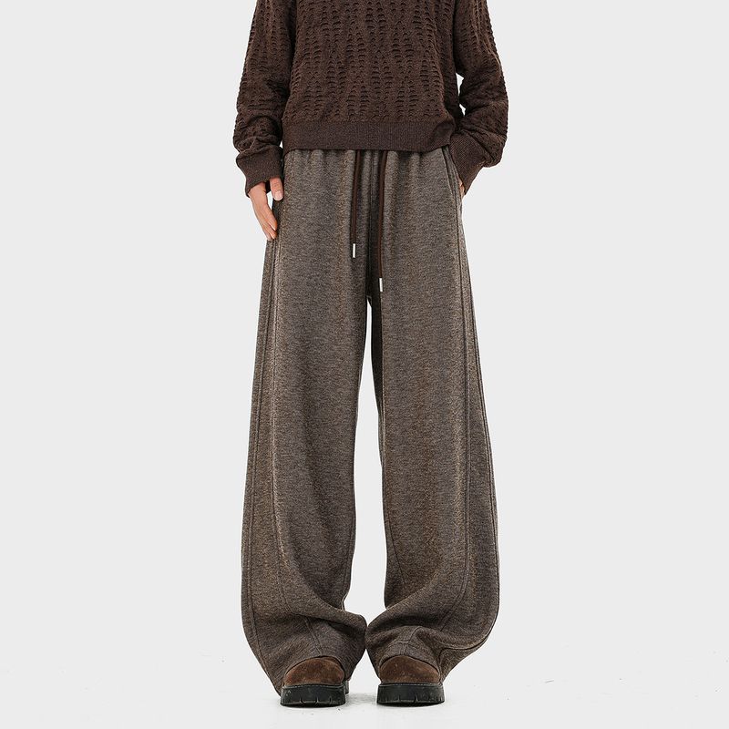 51 Hip-Hop American Minimalist Solid Color Patchwork Fleece-Lined Casual Wide-Leg Pants for Men and Women, Winter Thickened Drapey Sports Trousers