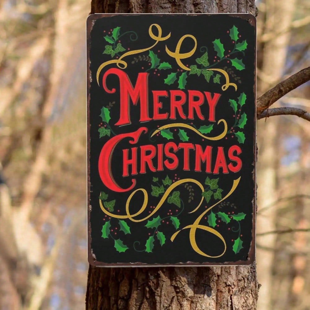 Vintage Christmas Metal Tin Sign Wall Art Country Style Holly Berry Pattern Holiday Home Decor