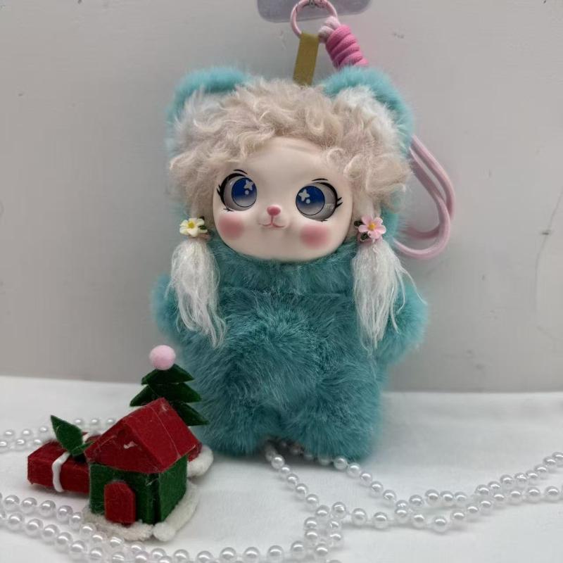 Cute Blue Fluffy Plush Doll Pendant Adorable Big Eyes Floral Braids Perfect Bag Decor Girls Birthday Gifts
