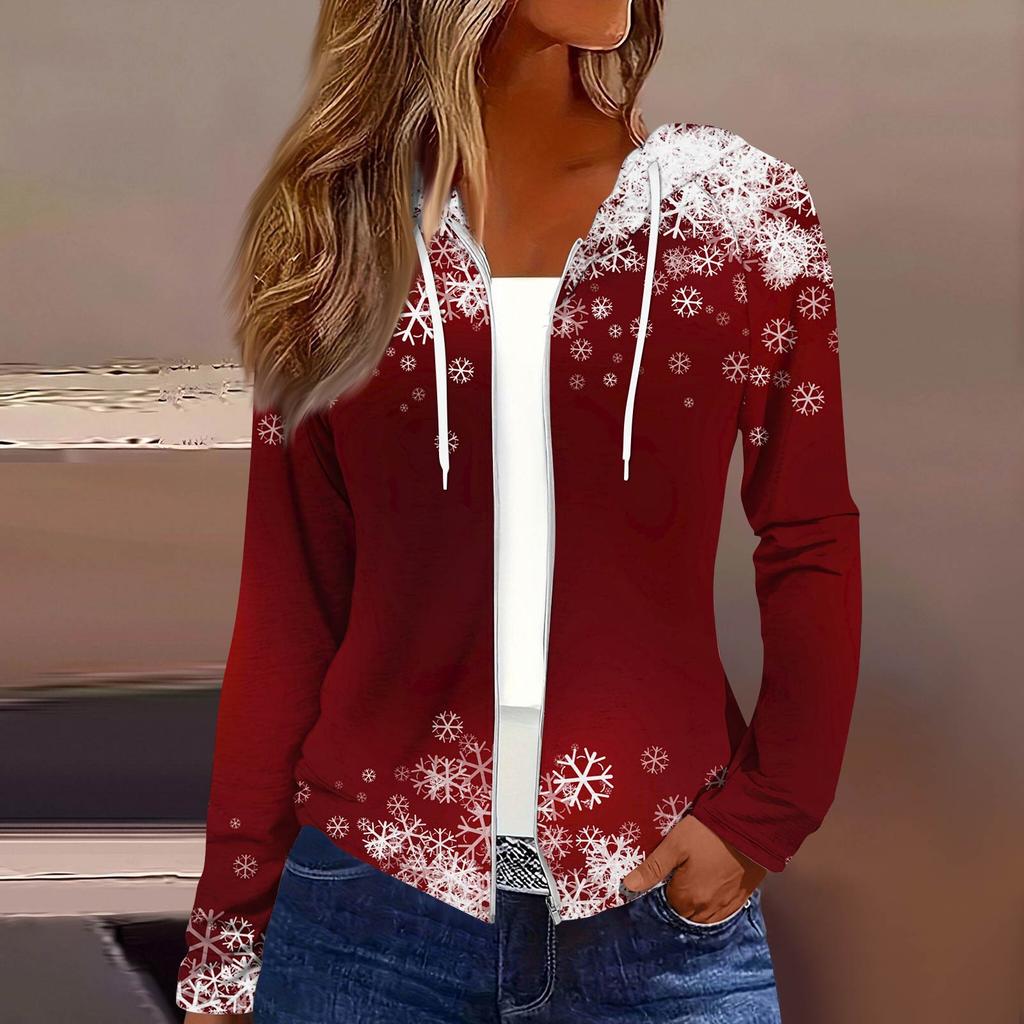 Women's Fashion Christmas Print Casual Zip-Up Long-Sleeved Hooded Jacket