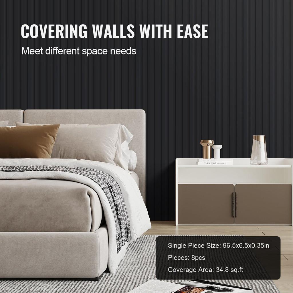 Wood Slat Acoustic Panels 8 PCS 96 X 6 Inch for Modern Wall Matte Black