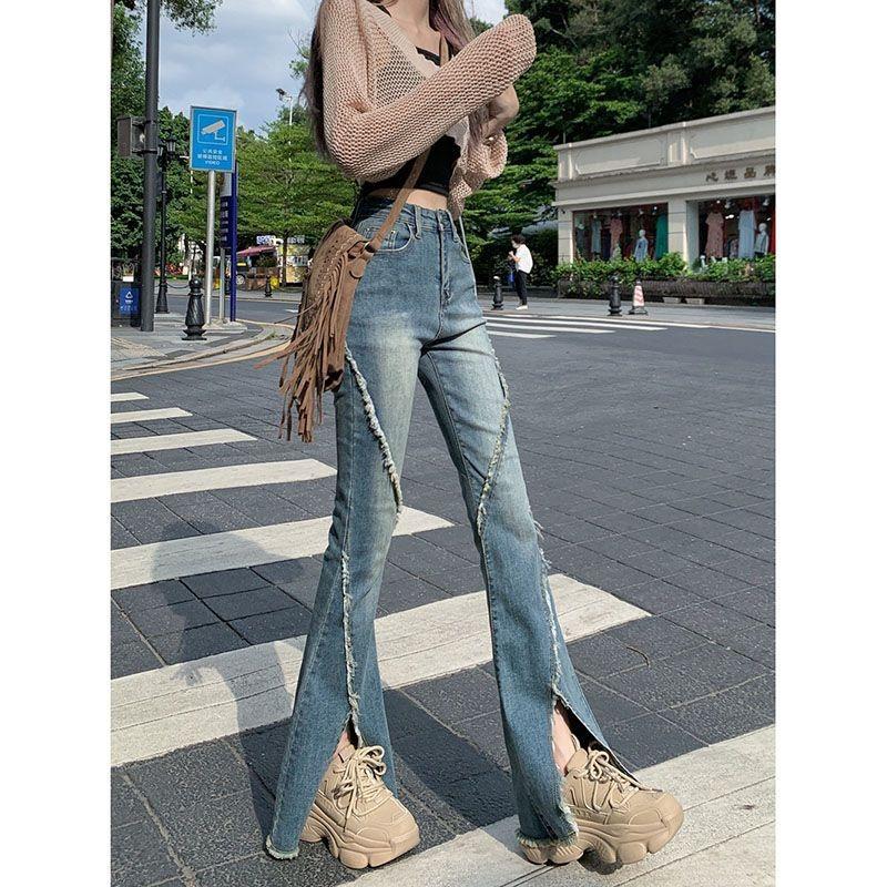 Small Man Mopping Floor Jeans Women's Clothing Spring and Autumn Niche Design Sense Split Micro-horn Trousers High Street Tide