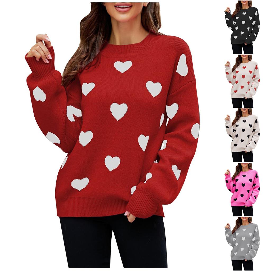Women's Fashionable Round Neck Long Sleeved Color Blocked Love Casual Pullover Sweater Top