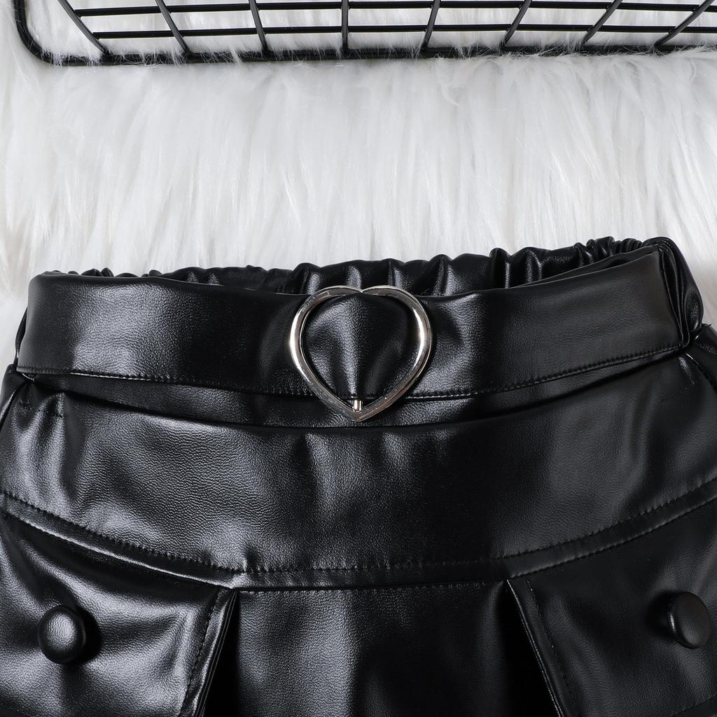 Autumn Girls' Two-color Mesh Embroidered Long Sleeved Top, PU Leather Skirt, Children's Set