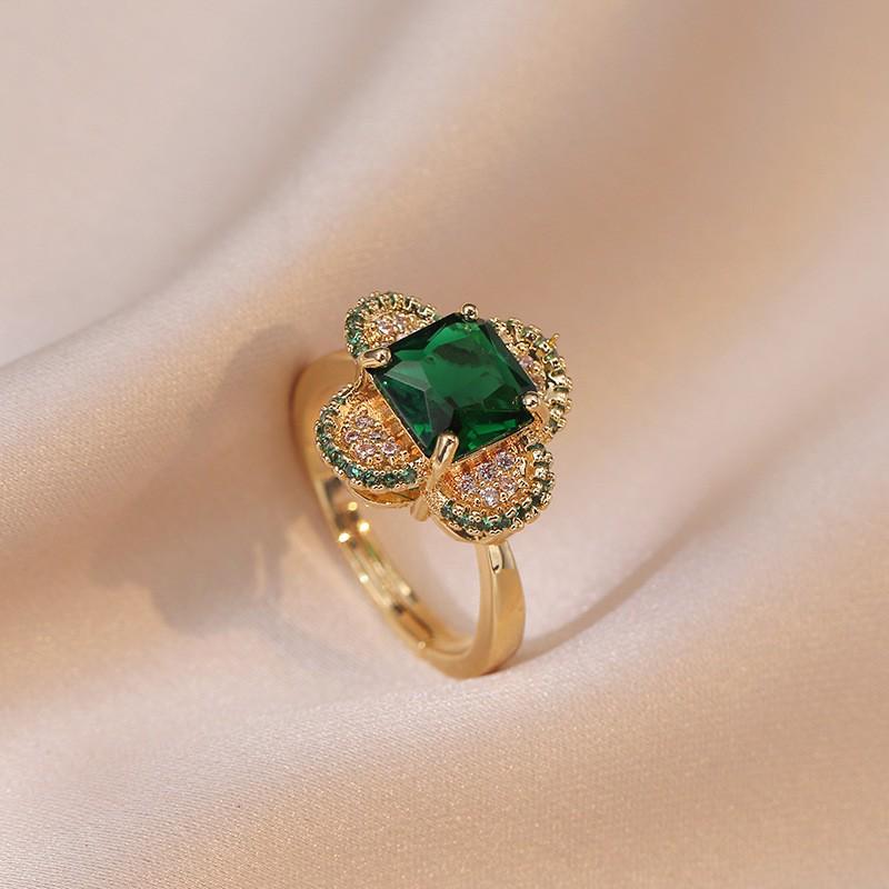 Emerald Zircon Adjustable Open Ring - Sweet Japanese & Korean Style for Women