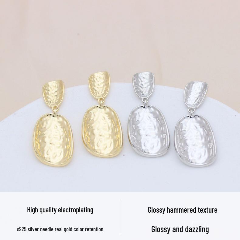 S925 Silver Needle Gold-Plated Geometric Hammered Oval Stud Earrings - European & American Style